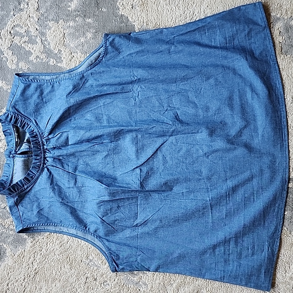 XL Allegra K Ruffled Sleeveless Blue Blouse with Mandarin Collar